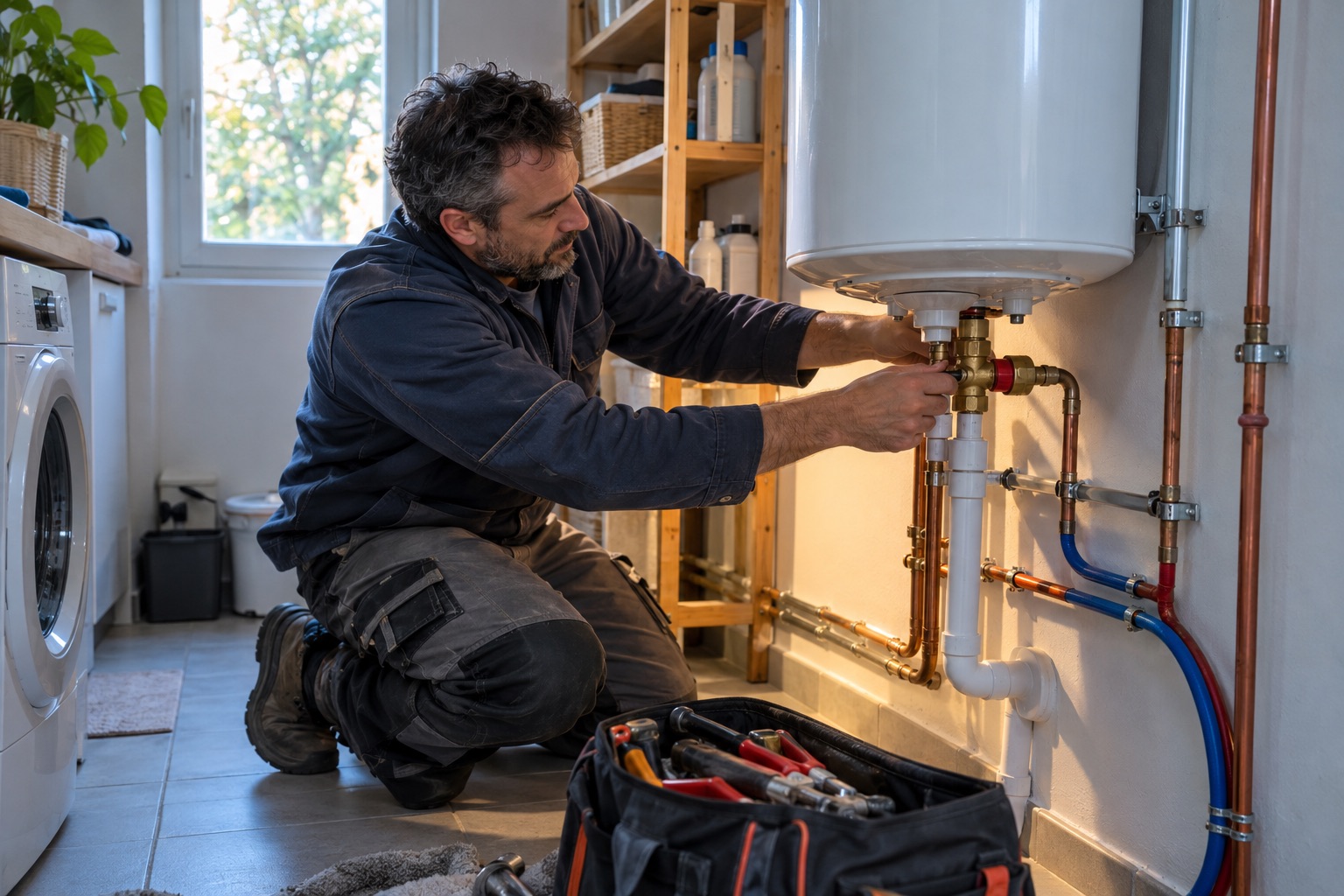 Plombier installant un chauffe-eau électrique de 200 litres dans une buanderie