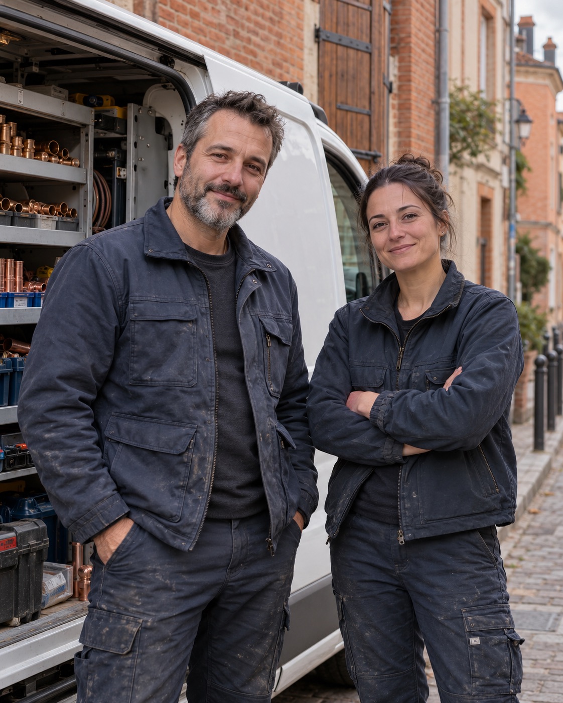 Thomas et Inès, les deux plombiers de Raccord, devant leur camion dans une rue de Toulouse