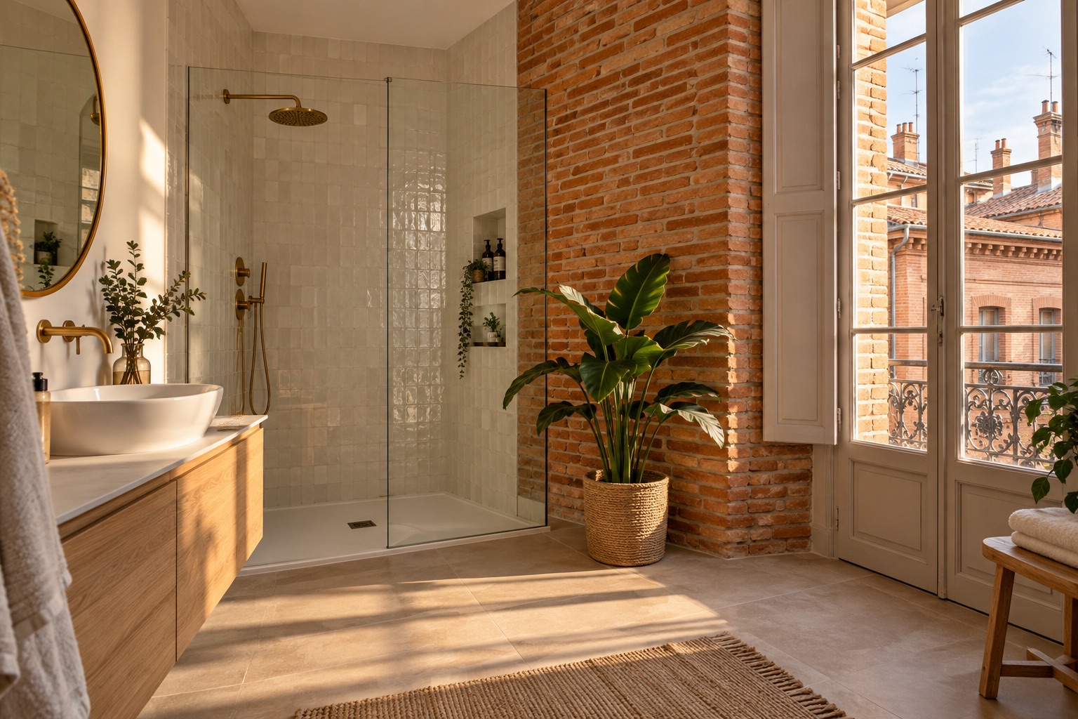 Salle de bain rénovée avec un mur en brique toulousaine, douche à l'italienne et robinetterie laiton